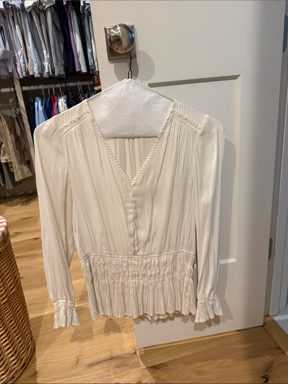 Current Air Cream V-Neck Smocked Waist Blouse